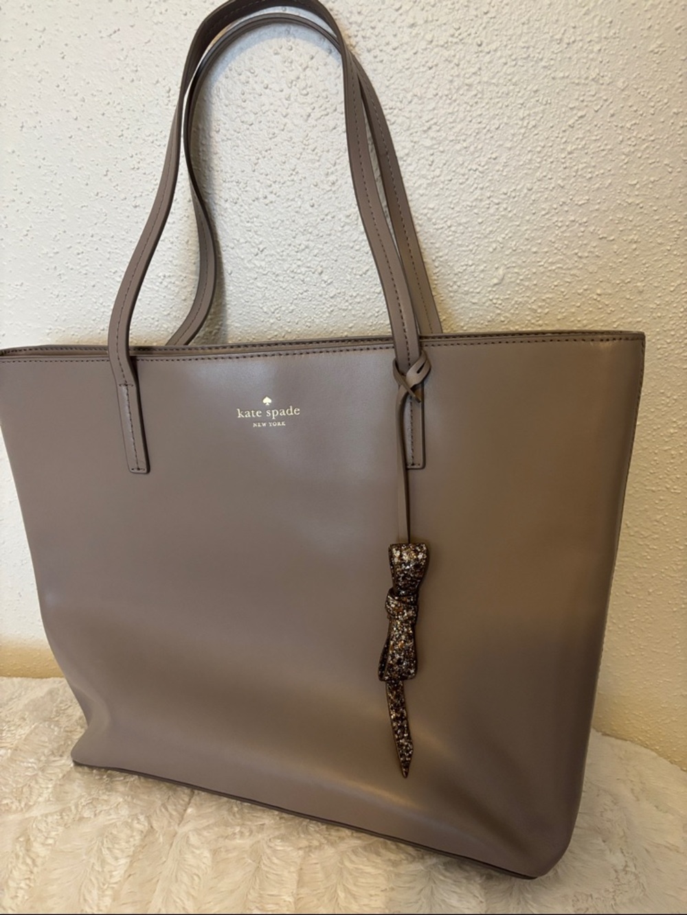 kate spade Taupe Leather Tote with Bow Charm